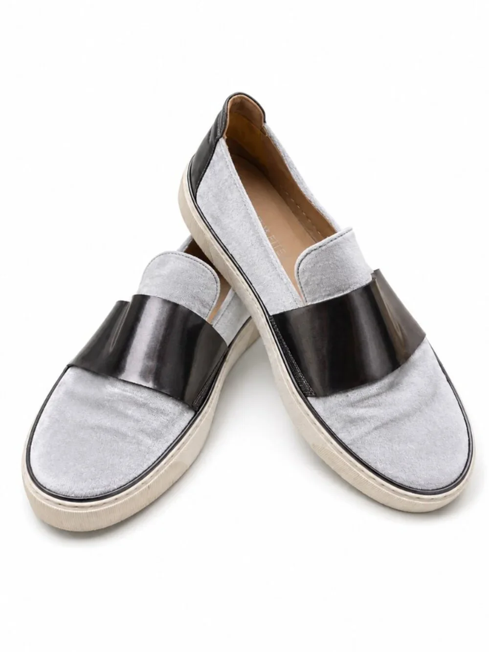 Stuart Weitzman Light Gray Velvet with Silver Detail Slip-On Sneakers, Size 8